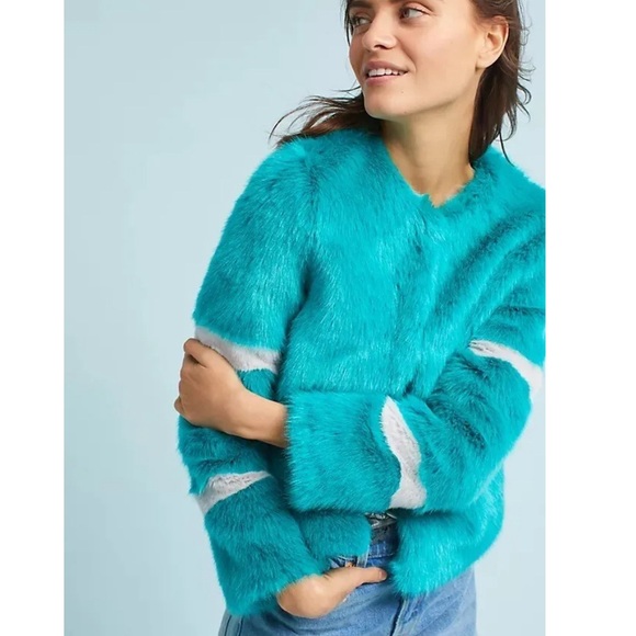 Anthropologie Turquoise Faux Fur Coat - Picture 1 of 10